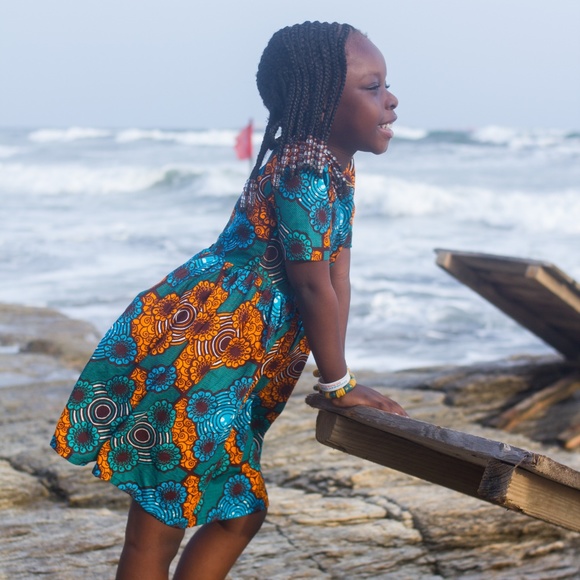 African Girl's Blue Ankara Print Dress - Picture 5 of 5